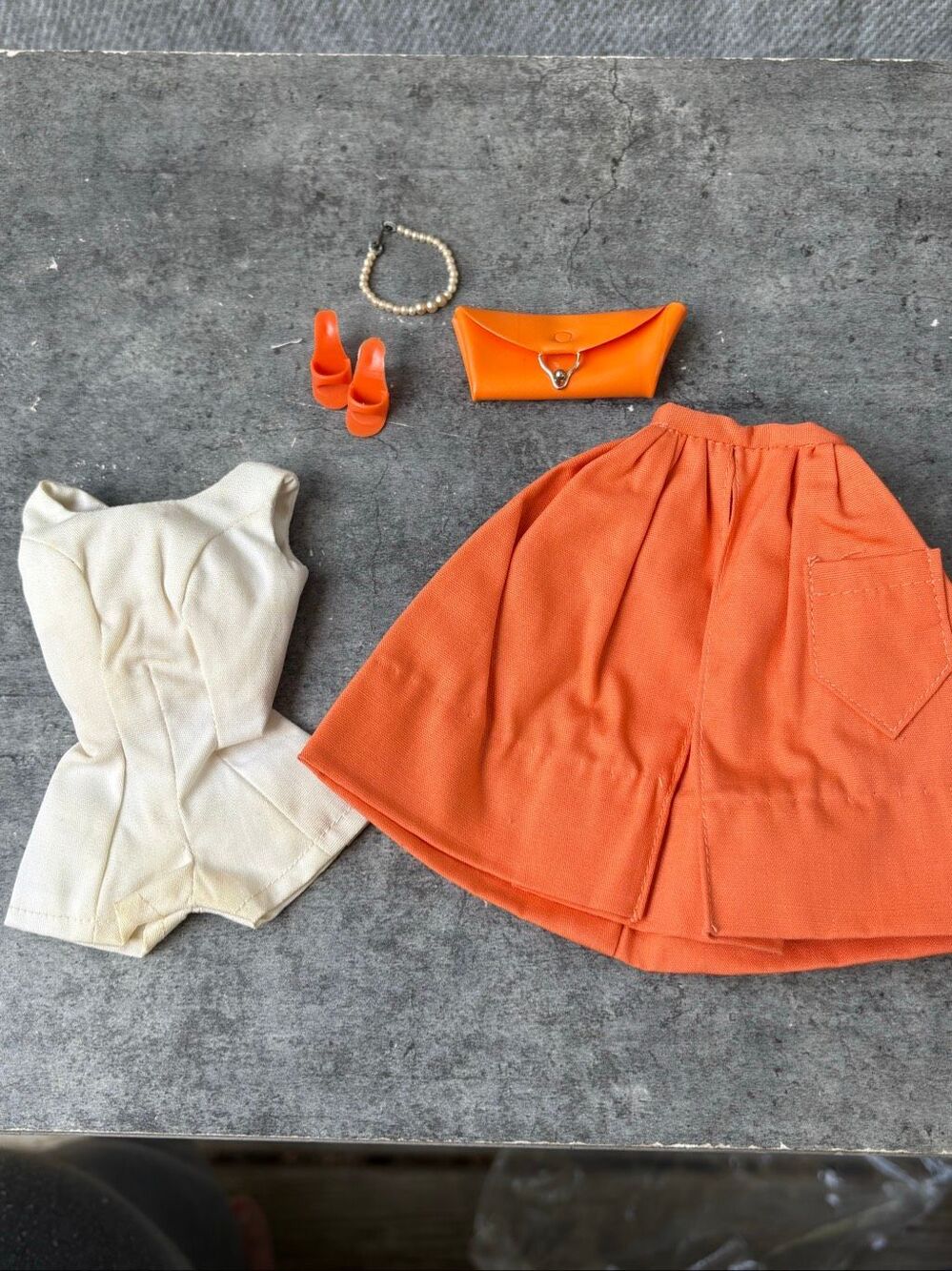 Vintage Barbie Mattel Orange Skirt White Top Shoes Purse Pearl Necklace Outfit L